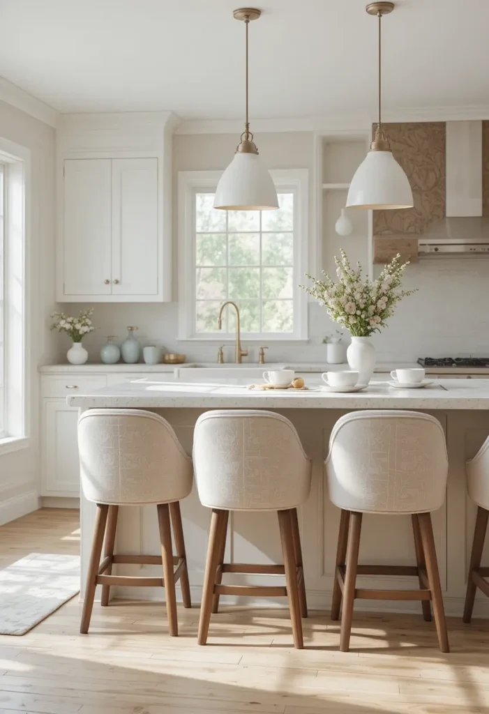 Upholstered kitchen island stools providing extra comfort for daily meals and gatherings.
