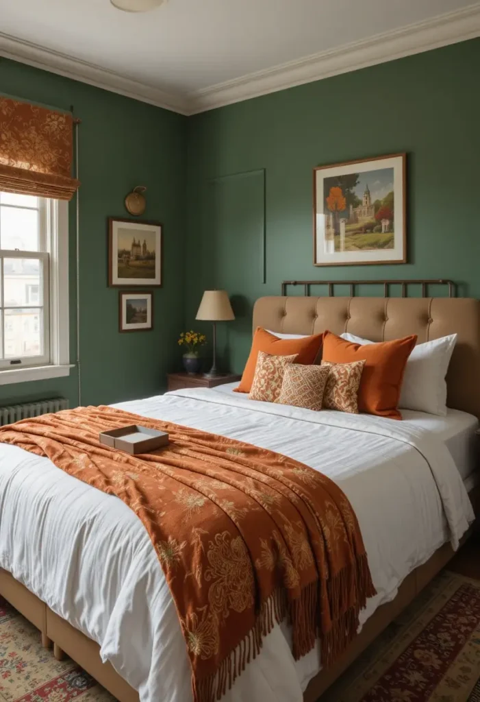 Green walls paired with orange throw pillows and blankets for a balanced look