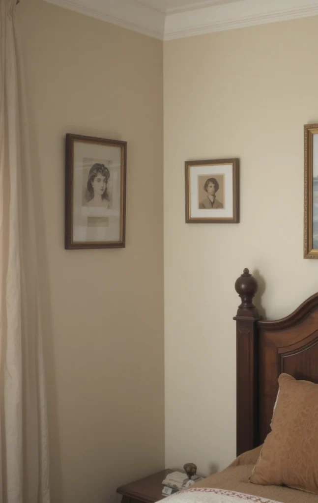 Corner wall gallery with framed artwork in bedroom.