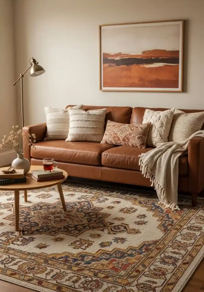 Brown couch styled with patterned area rug.