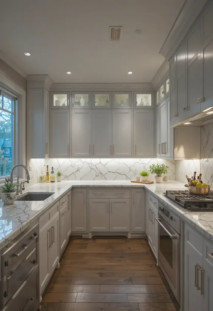 Under-cabinet lighting highlighting prep areas in a U-shaped kitchen.
