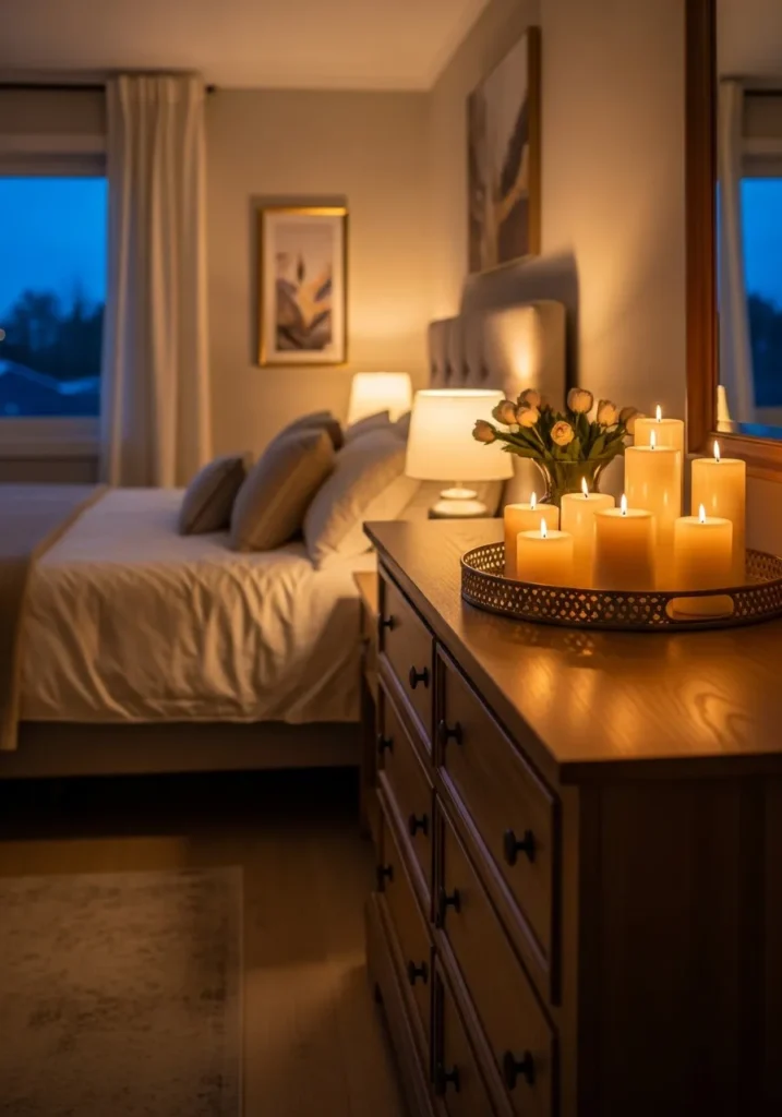Bedroom with layered candle clusters adding warm light.