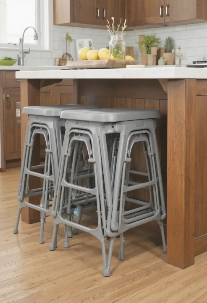 Stackable stools under a kitchen island for flexible seating and space-saving design.