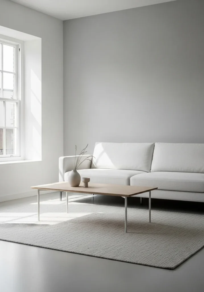 Minimalist white couch living room with clean and simple decor.