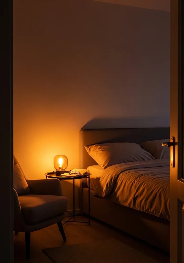 Bedroom with night light casting soft warm glow.
