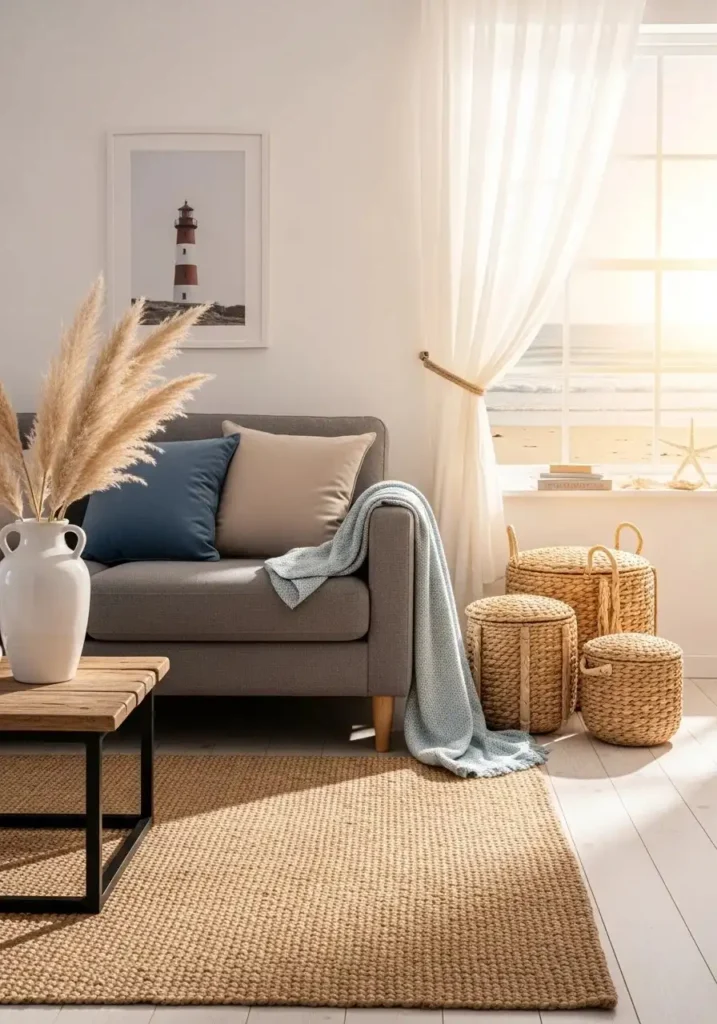 Coastal-inspired grey couch living room.