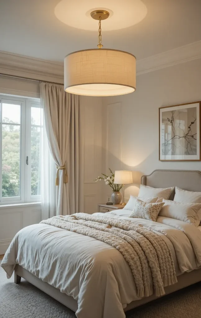 Drum shade chandelier softly illuminating a bedroom with neutral and cozy decor.