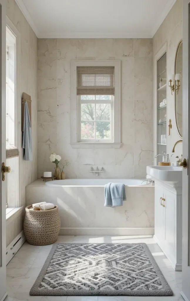 Patterned bathroom rug hiding wear and stains effectively.