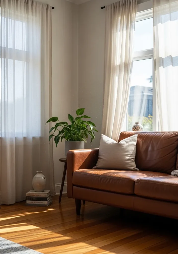 Brown couch with sheer curtains and natural light.