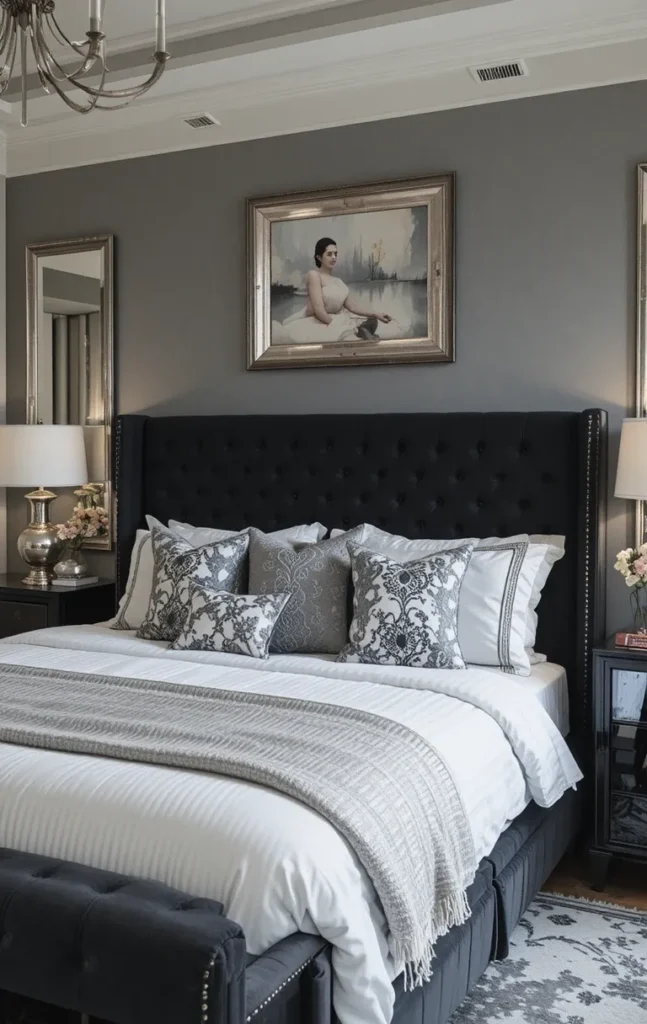 Statement black bed frame with silver headboard in elegant bedroom.