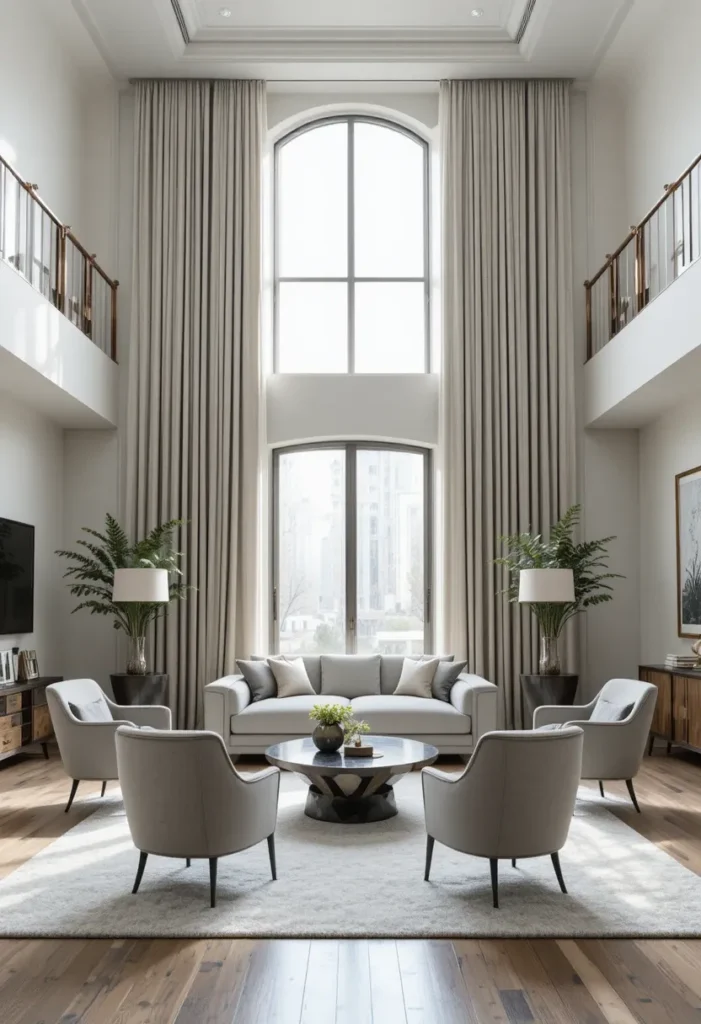 Floor-to-ceiling curtains in a high-ceiling living room with modern furniture.