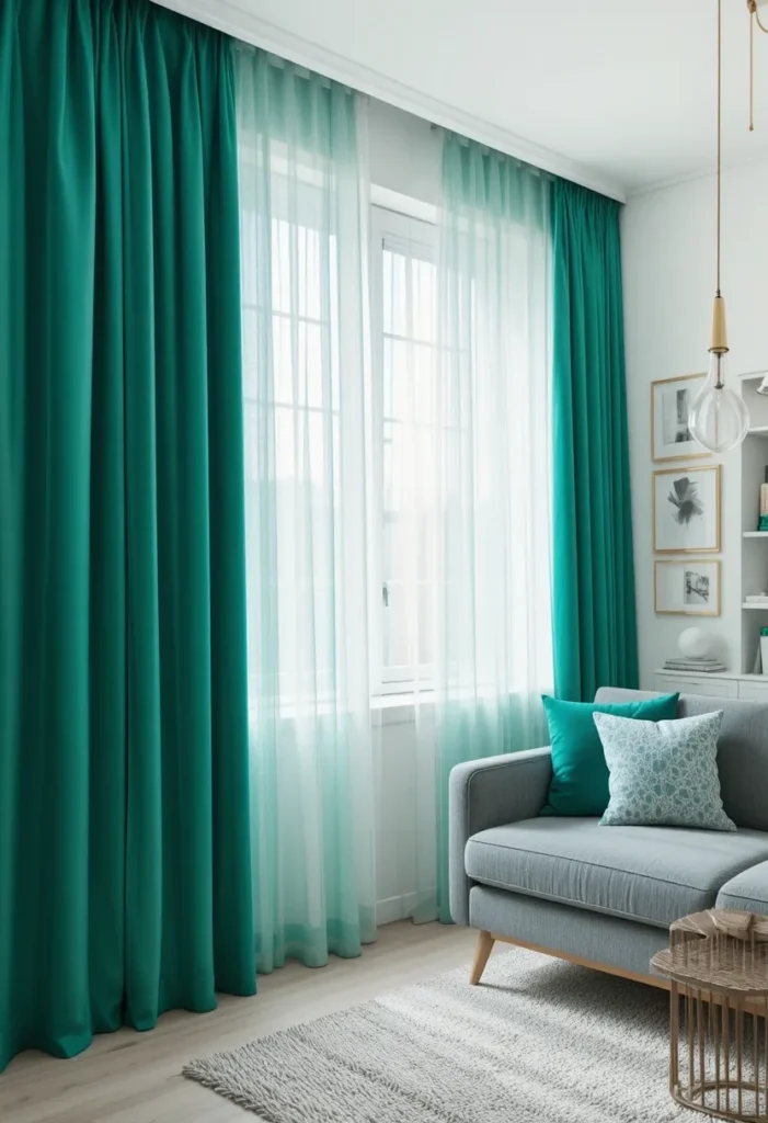 Bold emerald green curtain in a modern living room with gray sofa.