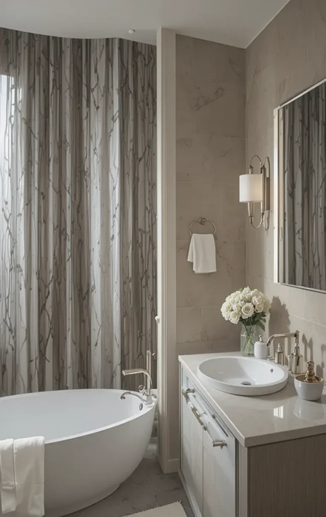 Minimalistic patterned bathroom curtain adding modern style without clutter.