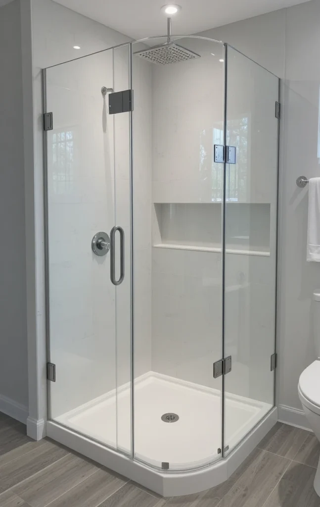 Transparent glass shower enclosure in white bathroom