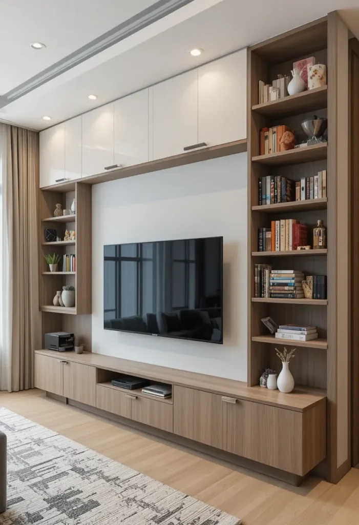 “TV wall with open shelves and closed cabinets for a balanced, functional living room.