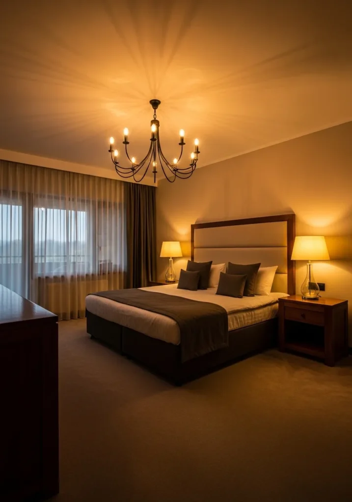 Bedroom with dimmable ceiling light and warm ambient lamps.