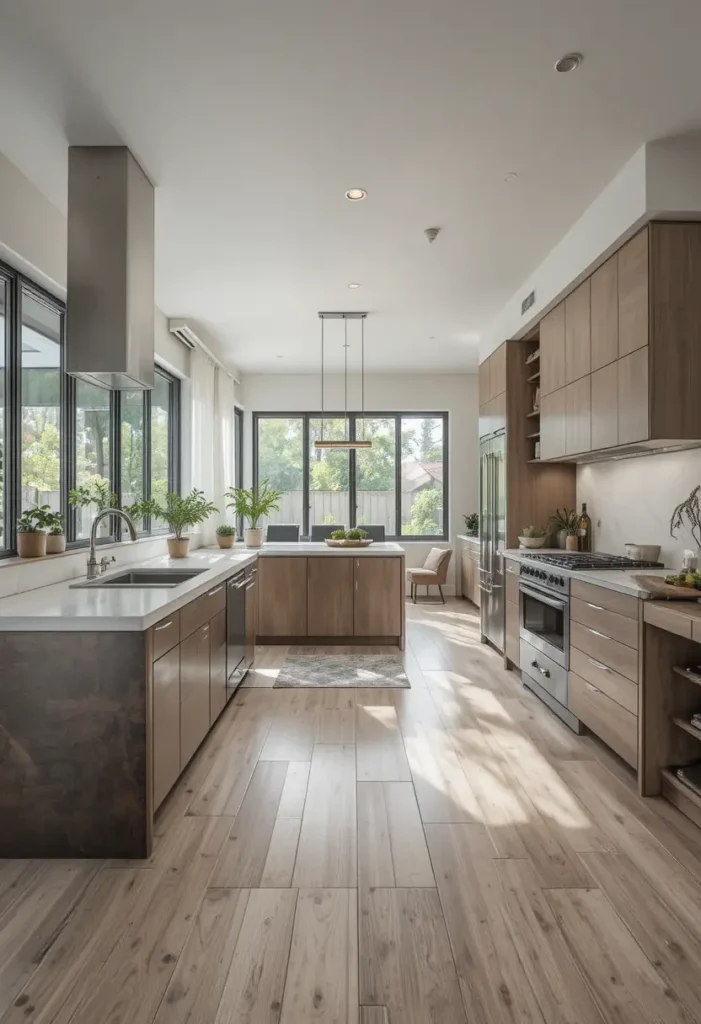 Easy-to-clean flooring in an L-shaped kitchen.