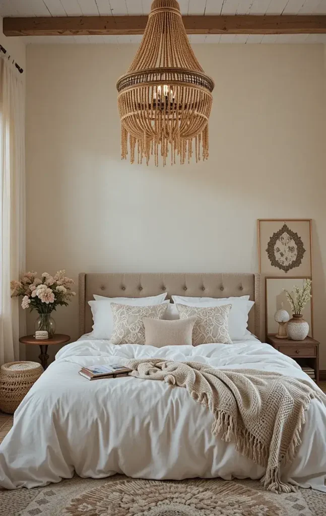 Rattan or wood beaded chandelier adding warmth and natural texture to a bedroom.