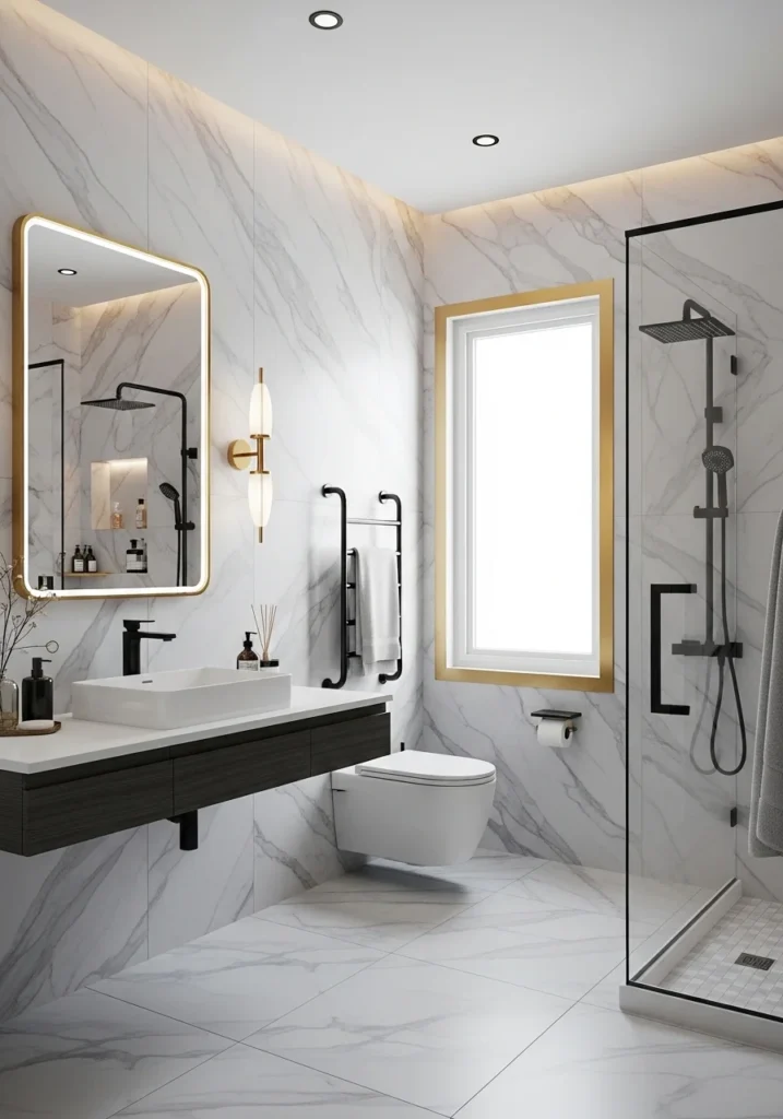 Marble-inspired wallpaper for elegant bathroom