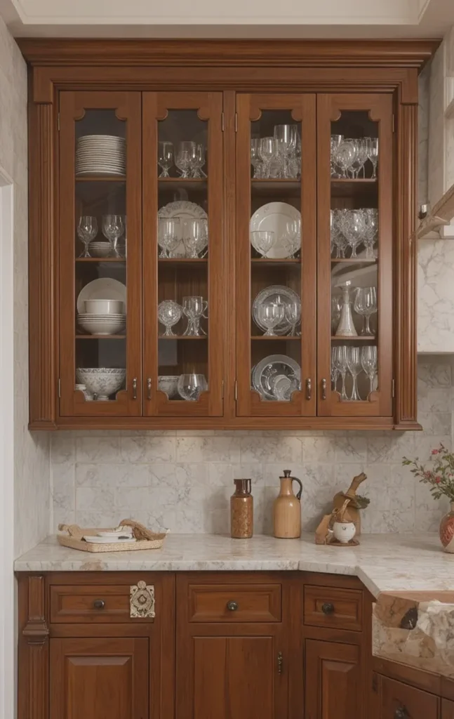 Upper kitchen cabinets with glass fronts displaying neatly arranged plates and glassware.