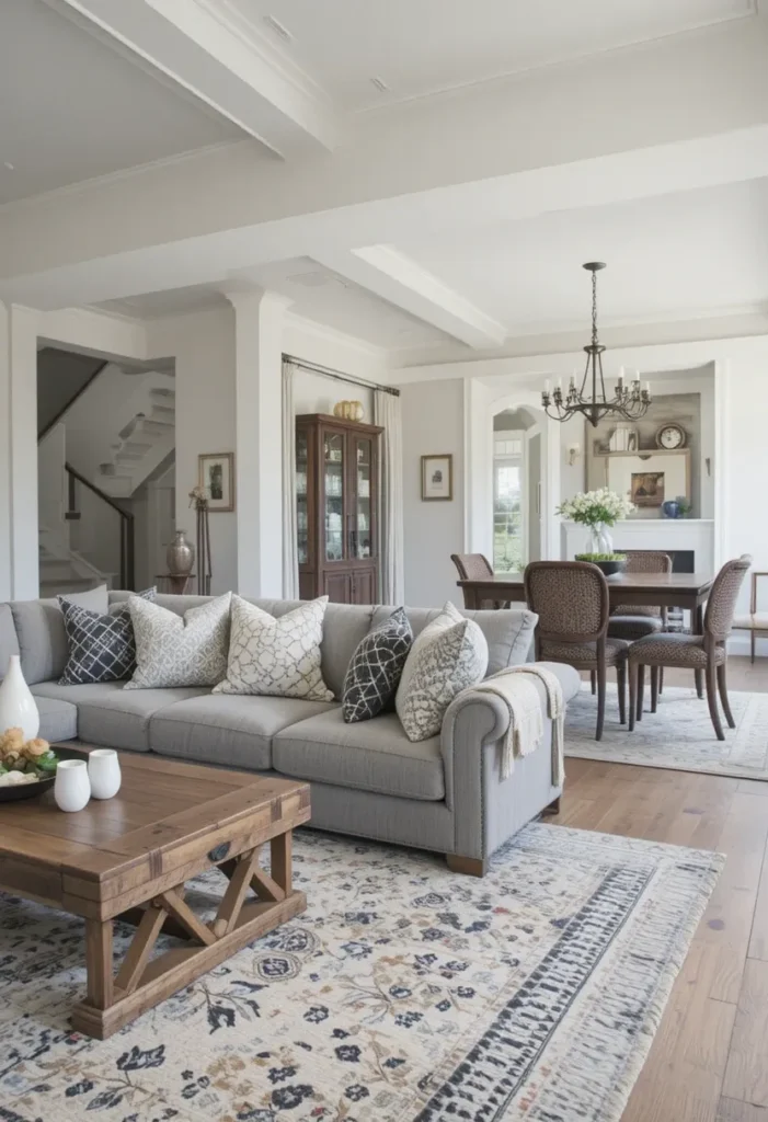 Blended furniture styles in living and dining open layout