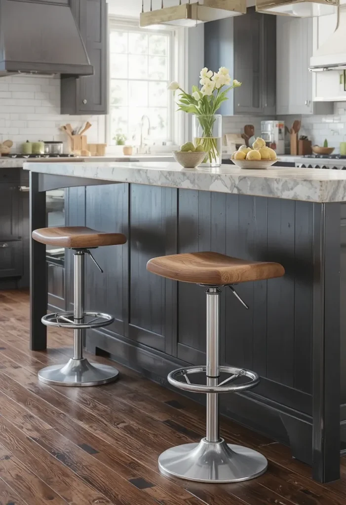 Adjustable-height stools at a kitchen island providing comfortable seating for mixed counter heights.
