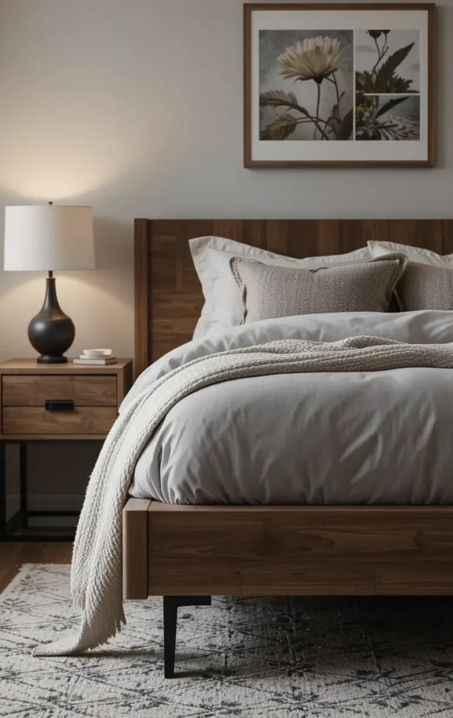 Brown wood bed with matte black nightstands in modern bedroom