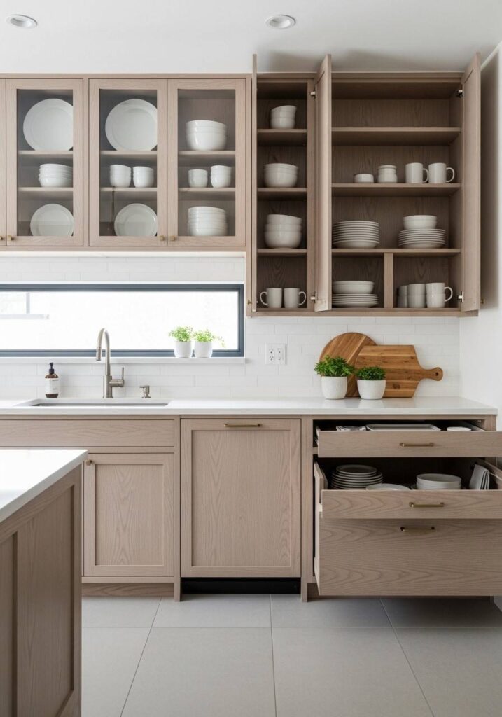 White oak cabinets with glass-front uppers.
