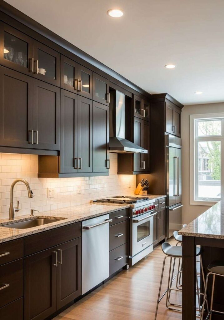 Brown cabinets paired with white subway tile backsplash for contrast and warmth.