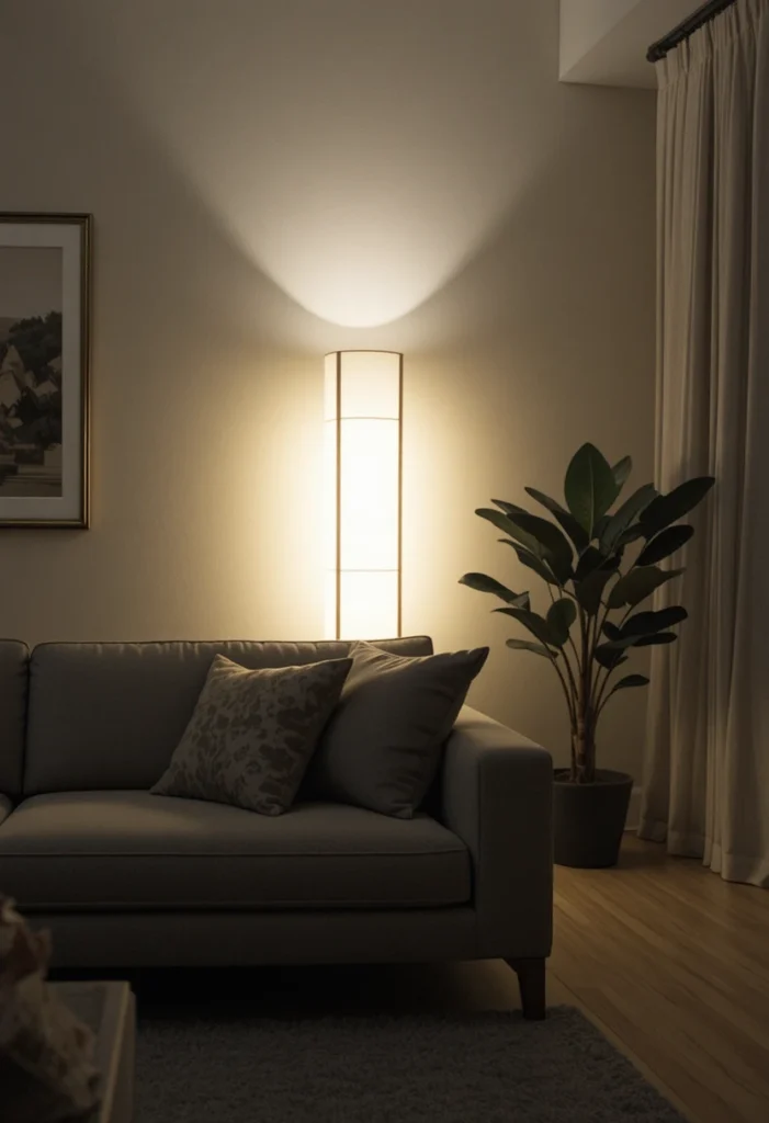 Floor lamp placed behind sofa creating soft indirect glow