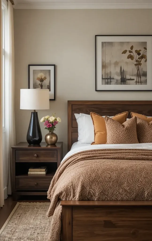 Bedroom with layered brown tones and balanced black accents