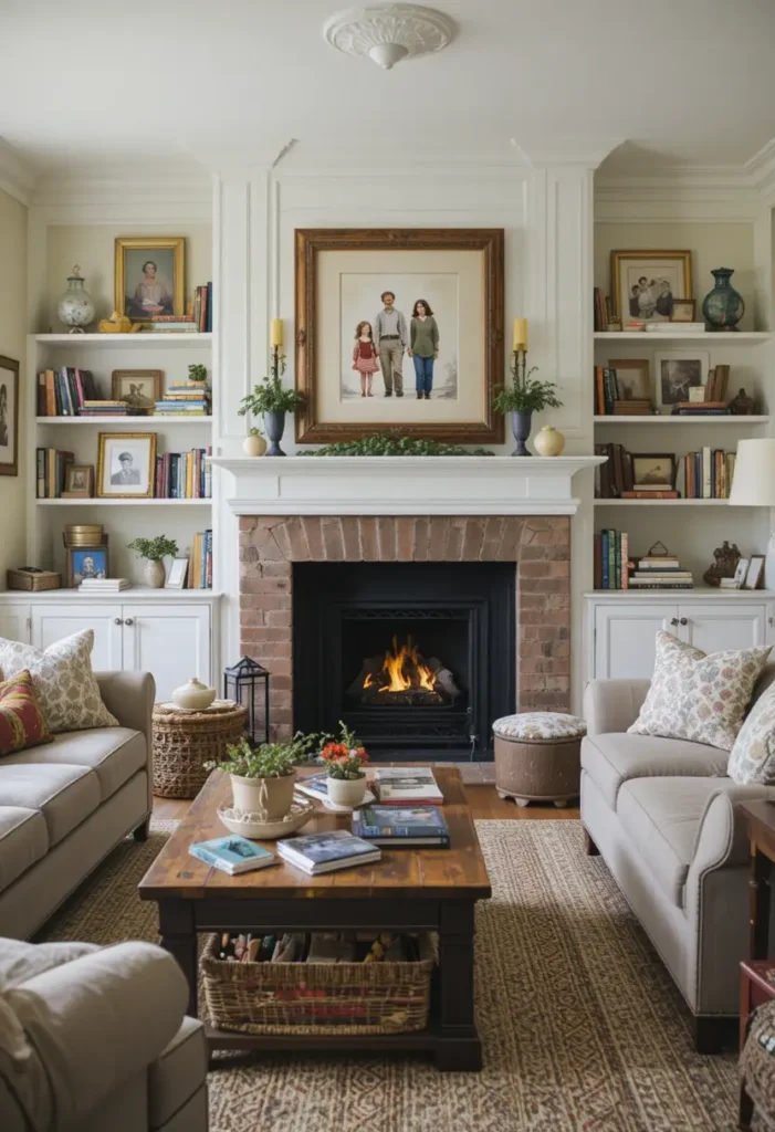 Personal touches in farmhouse living room.