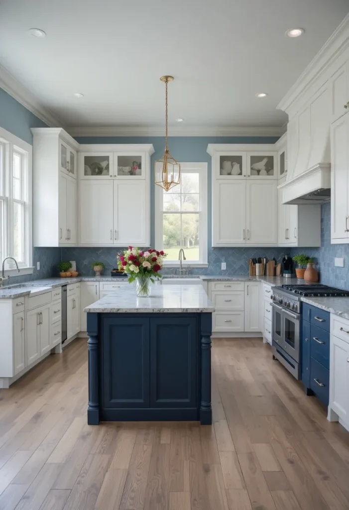 L-shaped kitchen with contrasting island color for visual appeal.