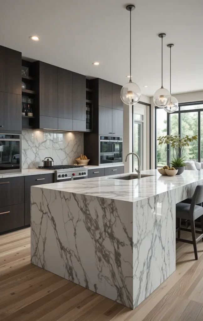 Waterfall countertop island in one wall kitchen design