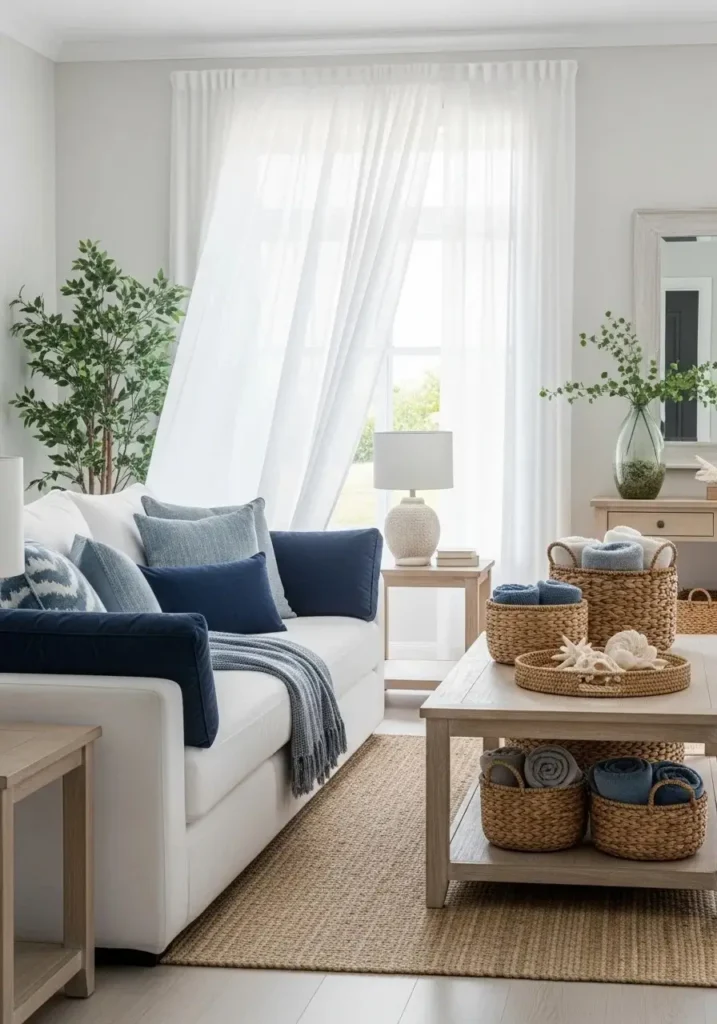 Coastal white couch living room with soft blue and natural textures.