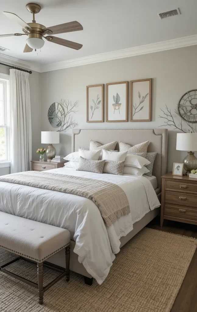 Beach bedroom with driftwood and minimal nautical décor.