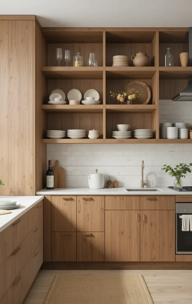 One wall kitchen with open shelving and clean styling