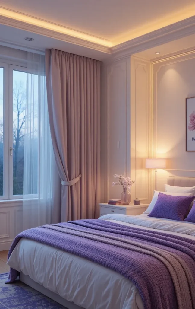 Cozy bedroom with warm lighting and purple lamp accents.