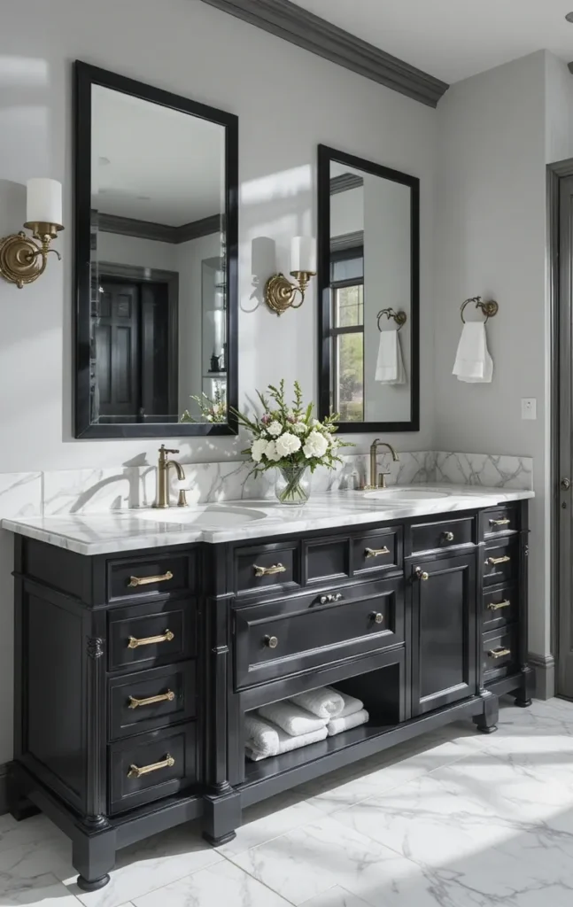 Black vanity with white marble countertop in bathroom