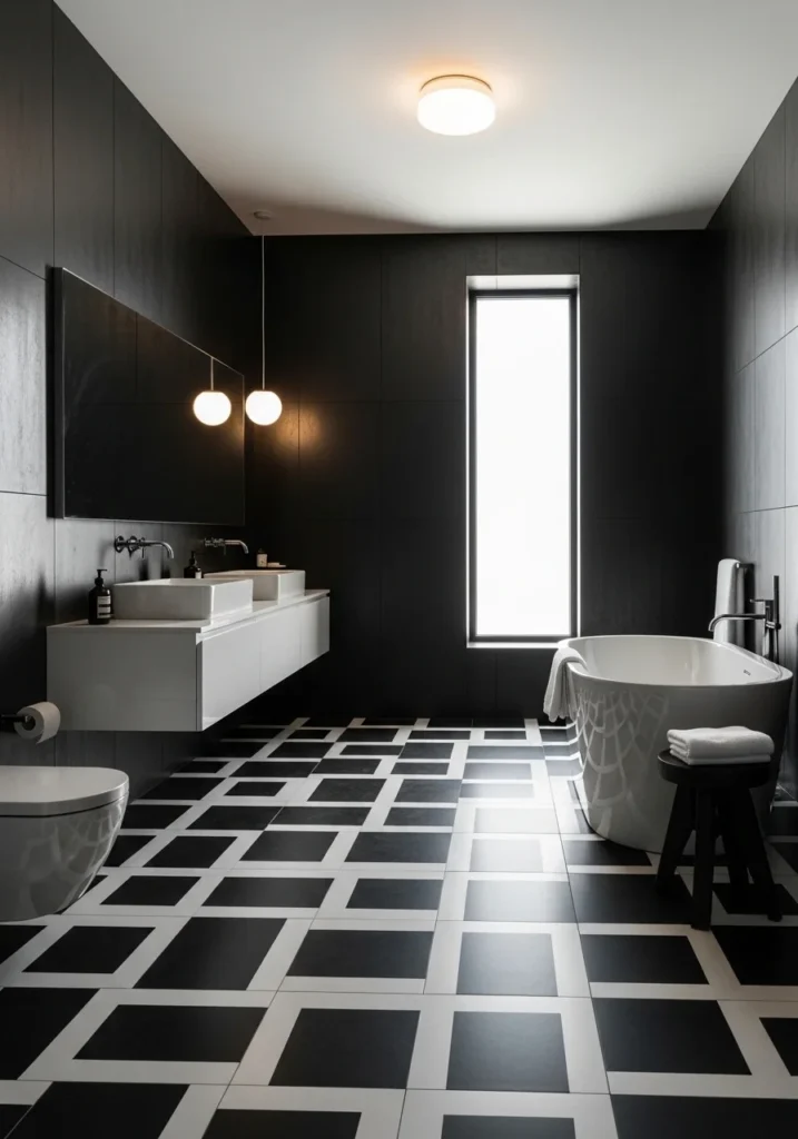 Black walls with patterned floor.
