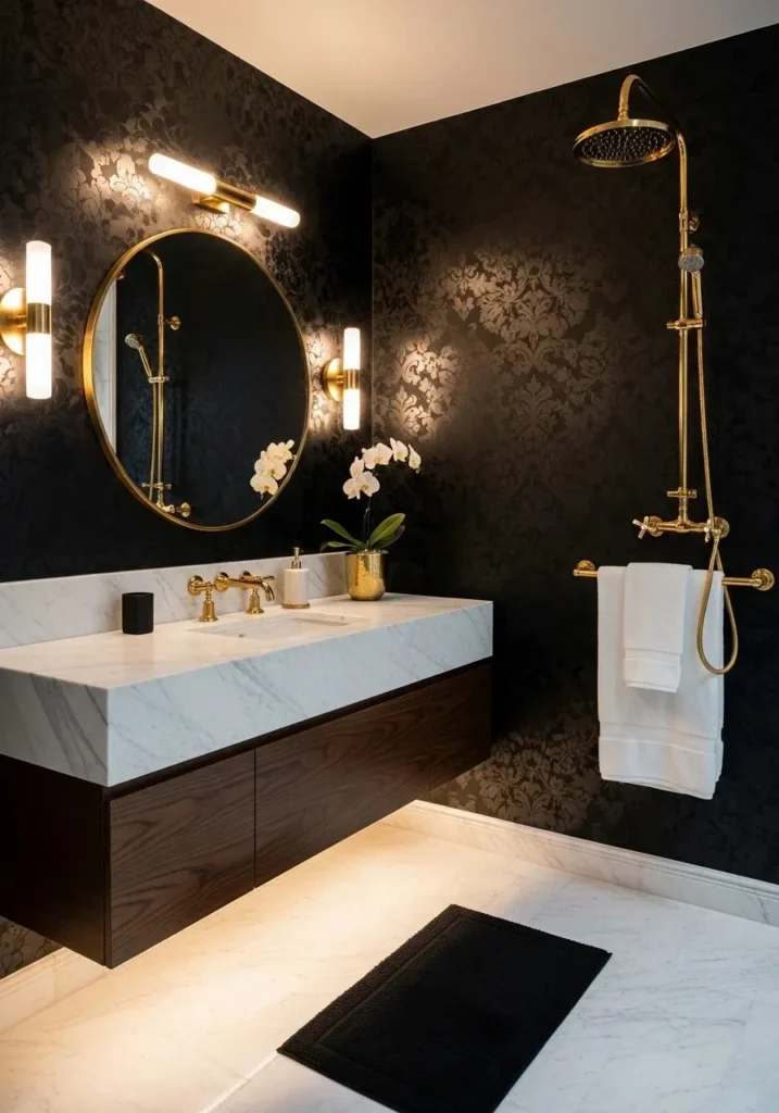 Black and gold wallpaper creates glamorous bathroom