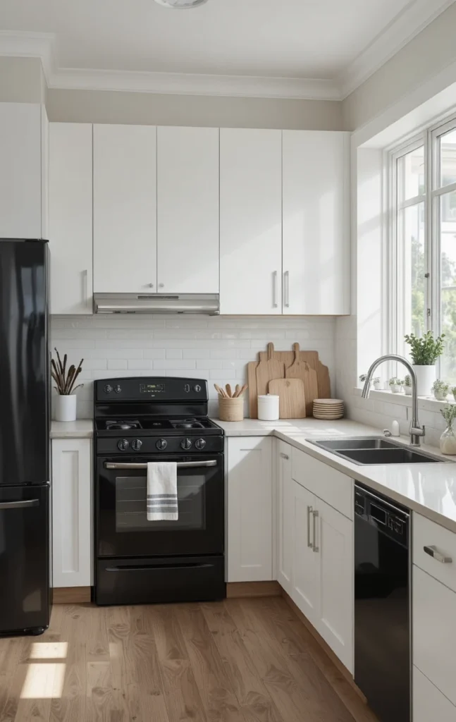 Neutral color palette kitchen featuring black appliances and wood accents.