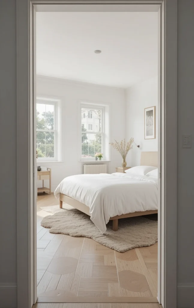 Airy beach bedroom with white walls and bedding, light wood furniture, and natural sunlight.