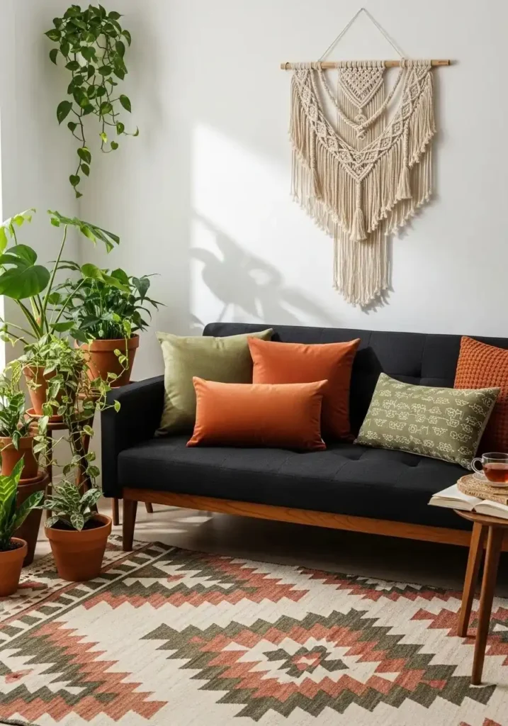 Boho living room with black couch and warm earthy textures.