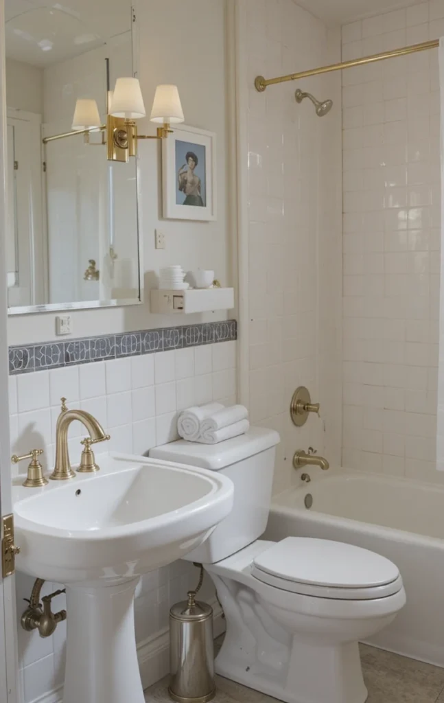 White bathroom fixtures with brass accents