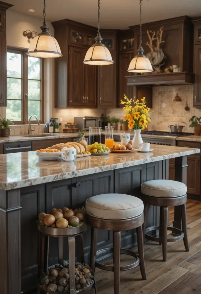 Kitchen island seating with backed stools designed for comfort during long meals and conversations.
