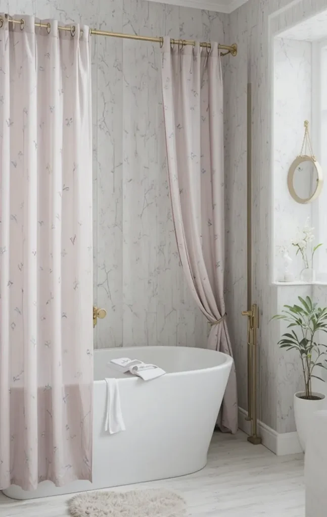 Waterproof bathroom curtain protecting from moisture and mold.