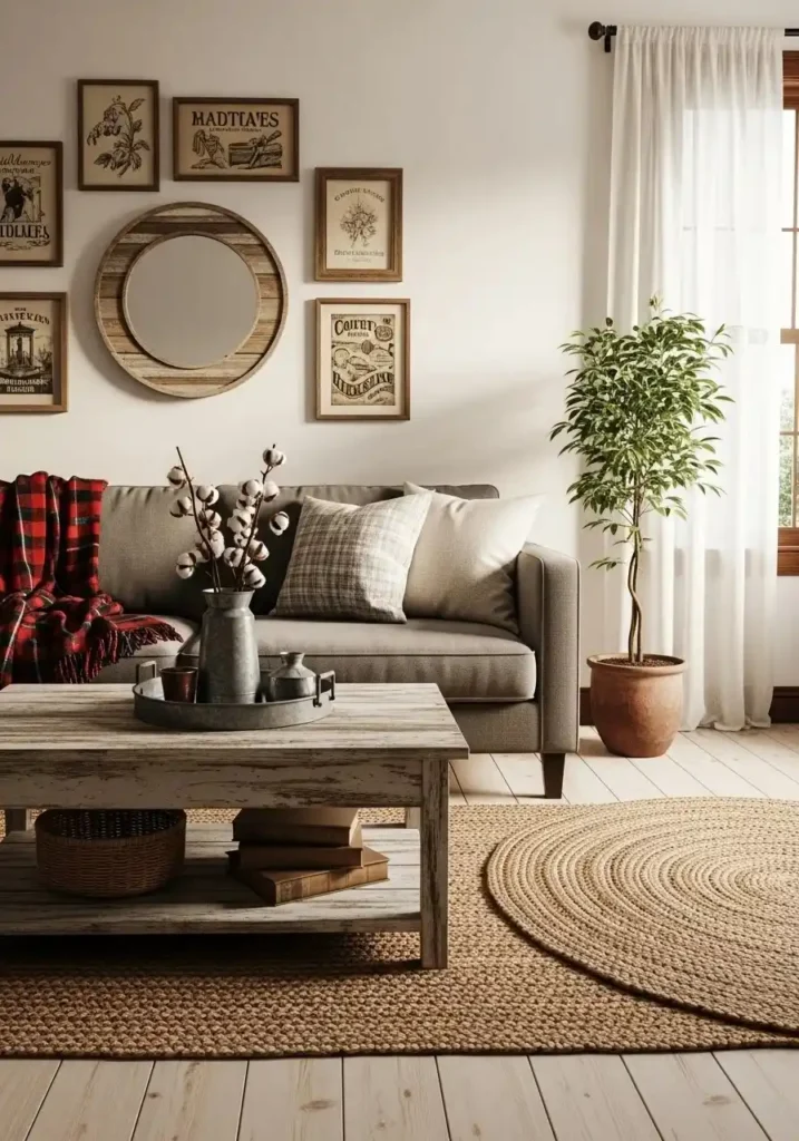 Farmhouse living room with grey couch and rustic accents.