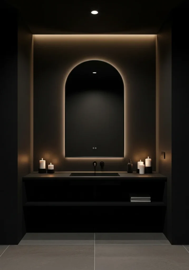 Black bathroom with statement mirror.