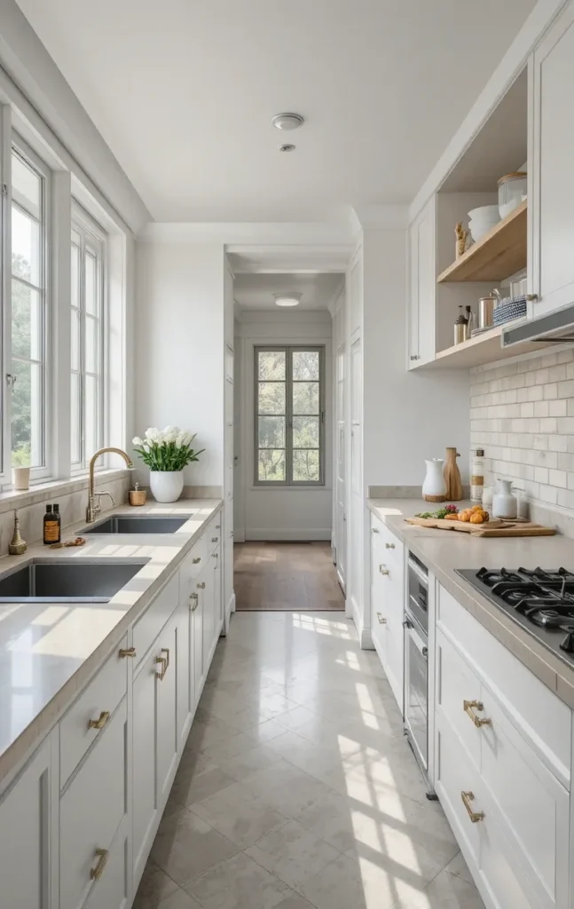 Compact workflow in a long kitchen layout with sink, stove, and prep areas close together